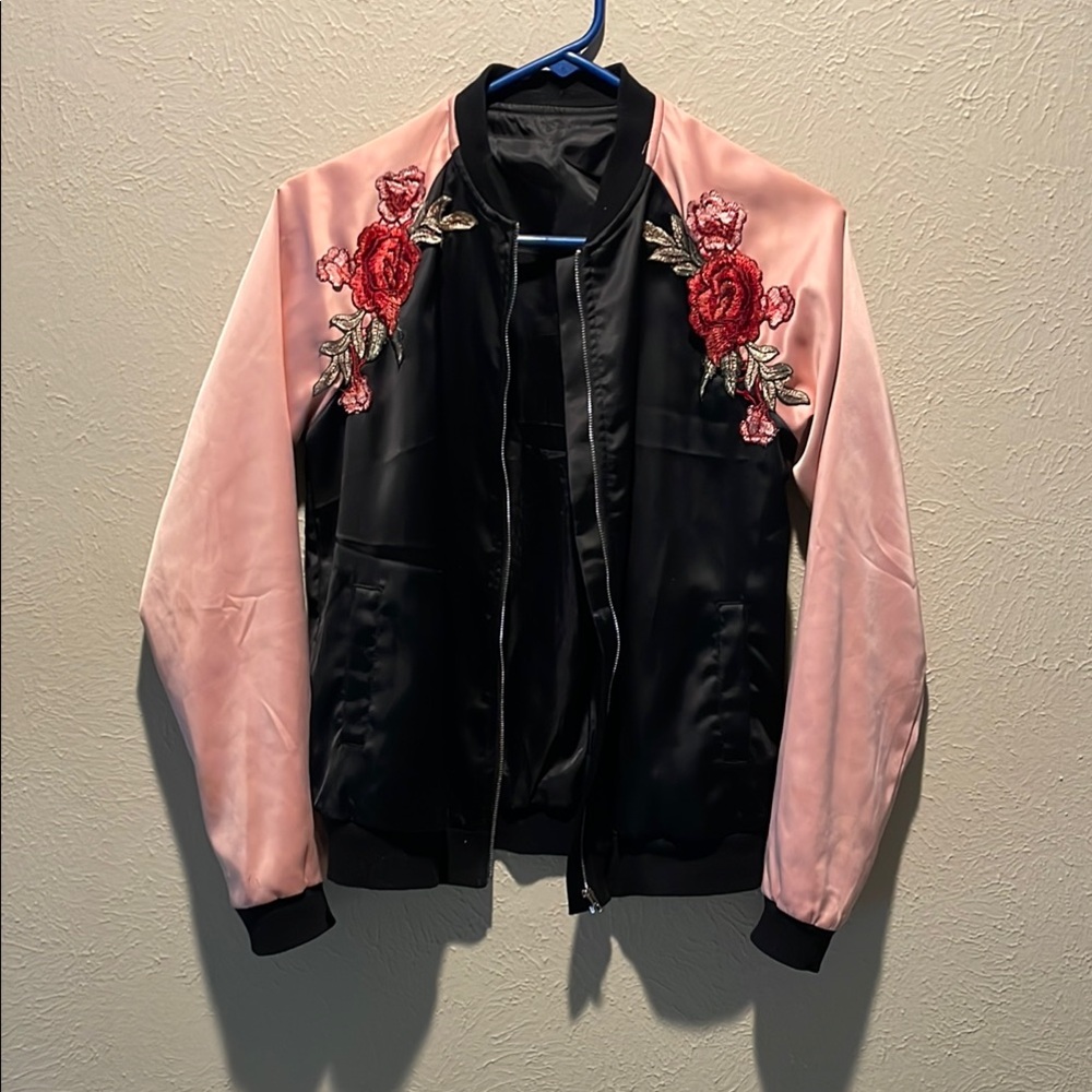 Floral Embroidered Black and Pink Bomber Jacket